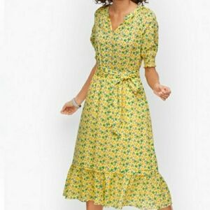 Talbots Yellow Green Puff Sleeve Midi Sundress